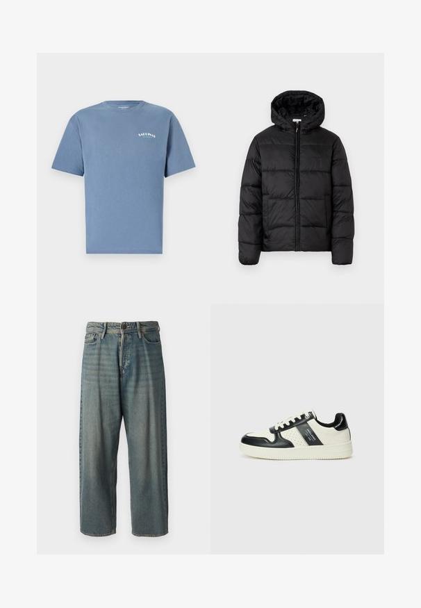 Juodas pūkinis švarkas su kapišonu, su horizontaliai siuvinėtais audinio ruožais, priekyje užsegamas užtrauktuku ir turintis lygią, blizgią tekstūrą.; Mėlyna medvilnės marškinėliai su trumpomis rankovėmis, apvaliu iškirpimu ir spausdintu logotipu kairiajame krūtinės kampe. Minkšta tekstūra, laisvas siluetas.; Šviesiai mėlyni džinsai su laisvu siluetu, vidutinio aukščio juosmeniu ir tiesiomis kojomis. Su penkiais kišenėmis, diržo kilpo ir mygtukų uždarymu.; Odiniai sportbačiai juodos ir kreminės spalvų schemoje, su perforuotais akcentais, paminkštinta apykakle ir tekstūruotu padu.
