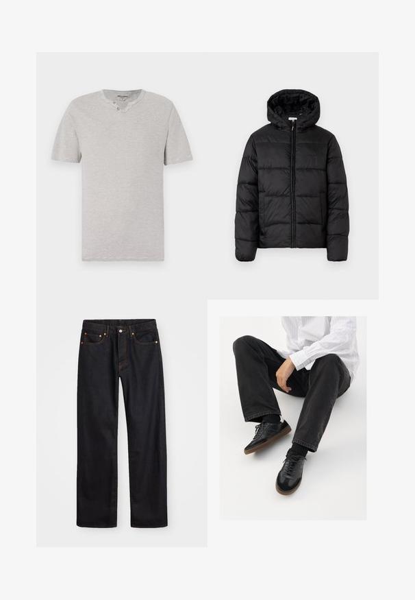 Musternaturmustar coat mustelhoovaga, hrisontaalsete tikandi paneelidega, tõmbluku ees sulgemisega ja sujuva, läikiva tekstuuriga.; Lühikeste varrukatega hall ja valge triibuline t-särk ümmarguse kaelusega ning kahe nööbiga detailiga kaeluse juures. Pehme kangas, mugav lõige.; Meeste sirge jala mustad denim teksad viie taskuga, oranž õmblus, nupu ja tõmblukuga ees nagu vöökoht.; Mustad spordijalatsid siledast ja tekstuurilisest ülemisest osast, millel on kummist tald ja tumedad nöörid. Kombineeritud mustade teksade ja valge triibulise särgiga.