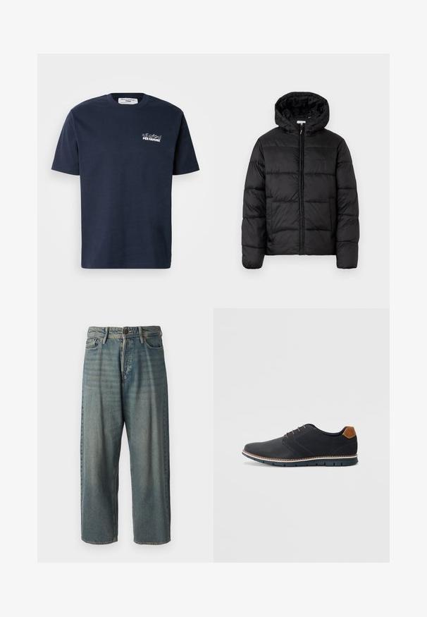 Black puffer jacket with a hood, featuring horizontal quilted panels, zip front closure, and a smooth, shiny texture.; Navy blue cotton t-shirt with short sleeves, round neck, features white embroidered text "Negroni per favore" on the left chest area.; Light blue denim jeans with a loose fit, mid-rise waist, and straight legs. Features five pockets, belt loops, and a button closure.; Black synthetic shoes with a textured upper, smooth accents, brown heel, and a contrasting sole. Features minimal lacing and stitch details.