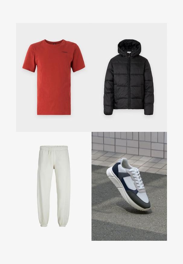 Czarna kurtka puchowa z kapturem, z poziomymi pikowanymi panelami, zapinana na zamek błyskawiczny z przodu i o gładkiej, błyszczącej fakturze.; G-STAR - T-shirt basic; Białe dresy wykonane z miękkiego materiału, z elastycznym pasem i mankietami, o gładkiej fakturze i luźnym kroju.; Białe, granatowe i szare sneakersy o mieszanej konstrukcji, z teksturowanym wierzchem, płaskimi sznurowadłami i amortyzowaną podeszwą.