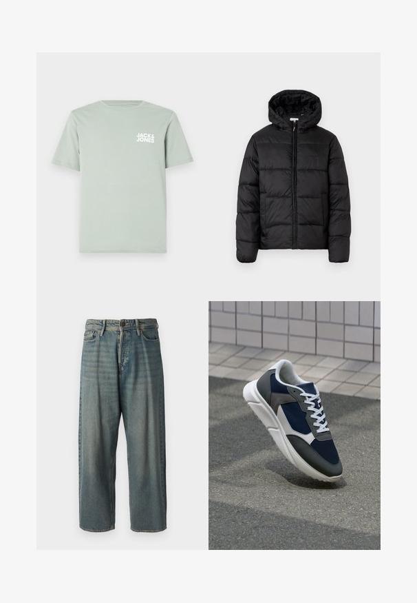 Fekete puffermellény kapucnival, vízszintes steppelésekkel, cipzáros elülső záródással és sima, fényes felülettel.; Világoszöld pamut póló kerek nyakkal és rövid ujjakkal. A bal mellen fehér "JACK & JONES" logó található.; Világoskék farmernadrág, laza fazonnal, közepes derékbőséggel és egyenes szárral. Öt zsebet, övbucskát és gombos záródást tartalmaz.; Cipő, amelynek sötétkék hálós felsőrésze, szürke velúr díszítései, fehér gumitalpa és lapos fehér fűzője van, a kényelem és a légáteresztő képesség érdekében tervezve.