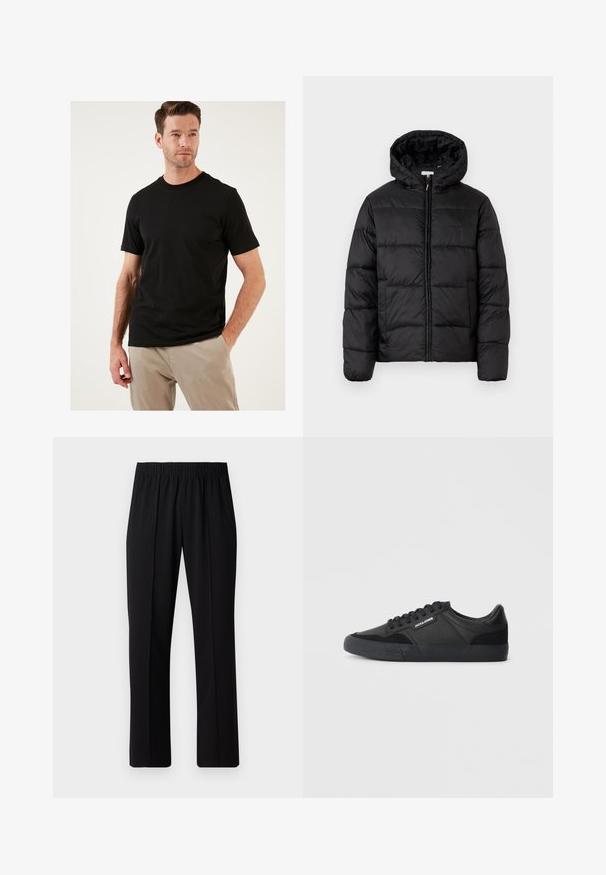 Černá péřová bunda s kapucí, s horizontálně prošívanými panely, předním zipovým zapínáním a hladkým, lesklým povrchem.; Černé krátké rukávy tričko z bavlněné tkaniny s klasickým kulatým výstřihem. Hladká textura a přiléhavý střih, nošeno s světlými kalhotami.; Černé kalhoty s elastickým pasem a rovnými nohavicemi, s hladkým povrchem a bez viditelných vzorů nebo kovových doplňků.; Černé tenisky s kombinací kožených a semišových materiálů, kulaté tkaničky, strukturovaná gumová podrážka a logo značky na boku.