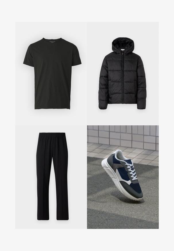 Černá péřová bunda s kapucí, s horizontálně prošívanými panely, předním zipovým zapínáním a hladkým, lesklým povrchem.; Černé bavlněné tričko s krátkými rukávy a kulatým výstřihem. Hladká textura, minimalistický design a štítek na zadní straně výstřihu.; Černé kalhoty s elastickým pasem a rovnými nohavicemi, s hladkým povrchem a bez viditelných vzorů nebo kovových doplňků.; Tenisky s horní částí z námornicky modré síťoviny, šedými semišovými akcenty, bílou gumovou podrážkou a plochými bílými tkaničkami, navržené pro pohodlí a prodyšnost.