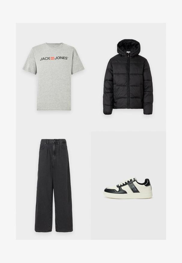 Mustapukuinen puhvijakku, jossa on huppu, vaakasuorat tikatut paneelit, vetoketjukiinnitys ja sileä, kiiltävä pinta.; Harmaa puuvillainen t-paita, jossa on lyhyet hihat ja pyöreä pääntie. Edessä lukee mustalla tekstillä "JACK & JONES" punaisella neliökorostuksella.; Haalihousut, korkeavyötäröiset mustat farkut, joissa on edessä nappi- ja vetoketjukiinnitys, sivutaskut ja sileä pinta.; Nahkakengät musta-kerma värimaailmassa, joissa on rei'itetyt yksityiskohdat, pehmustettu nilkkaosa ja teksturoitu pohja.