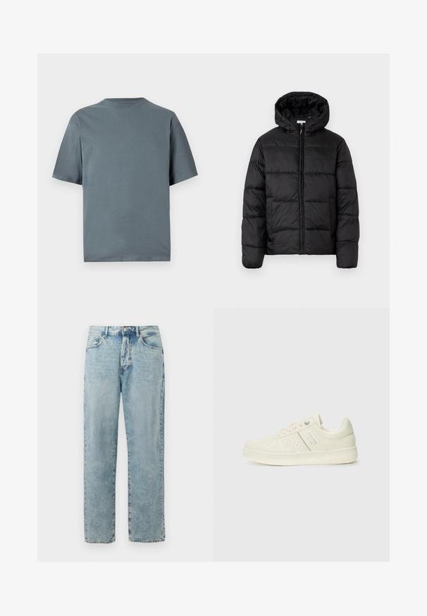 Črna pufasta bunda s kapuco, ki ima vodoravne prešite plošče, sprednje zapiranje na zadrgo in gladko, sijočo teksturo.; Siv bombažna majica s kratkimi rokavi, krojnim izrezom in sproščenim krojem. Gladka tekstura, minimalen dizajn in brez vidnih vzorcev ali dodatkov.; Svijetloplave traperice ravnog kroja s gumbom i zatvaračem, prednjim džepovima i suptilnim izblijedjelim detaljima.; Sneaker v kremni barvi s perforiranim detajlom, vezalkami in logotipom na strani, prikazan na enostavni beli ozadju.