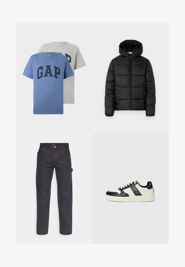 Melnā pūkainā jaka ar kapuci, ar horizontāliem quiltotiem paneļiem, ar rāvējslēdzēju priekšpusē un gludu, spīguļojošu tekstūru.; Divas īsām piedurknēm, apaļā izgriezuma T-krekli, viens zilā un otrs pelēkā krāsā, abi ar lieliem tumši ziliem "GAP" burtiem krūtīs.; Tumši pelēki kravas bikses, kas izgatavotas no izturīga auduma, ar taisnu piegriezumu, piecām kabatām un pogu aizdari viduklī.; Ādas sporta apavi ar melnbaltu krāsu shēmu, ar perforētiem akcentiem, mīkstinātu apkakli un teksturētu zoli.