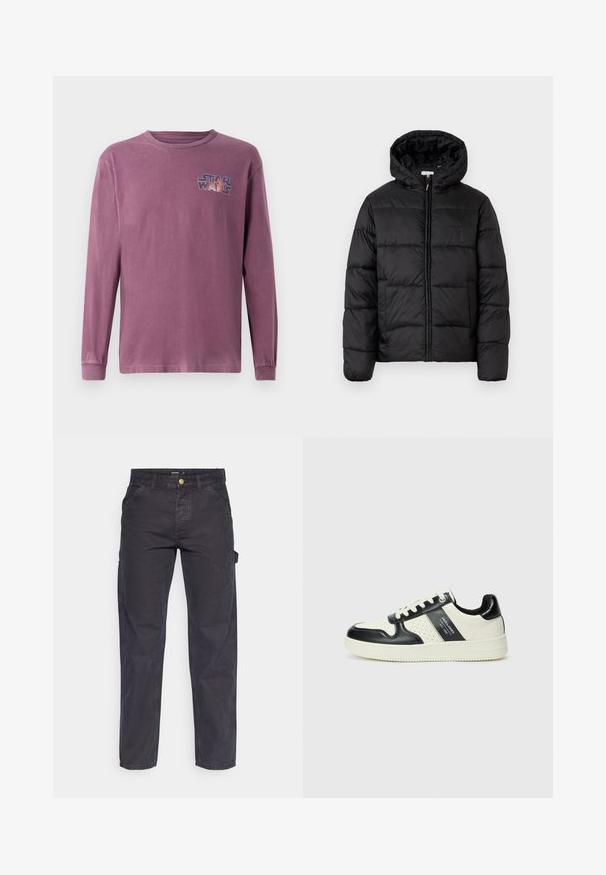 Black puffer jacket with a hood, featuring horizontal quilted panels, zip front closure, and a smooth, shiny texture.; Long-sleeved, crew neck t-shirt in faded purple cotton with a "Star Wars" logo printed on the left chest in colorful design.; Dark gray cargo pants made of durable fabric, featuring a straight-leg cut, five pockets, and a button closure at the waist.; Leather sneakers with a black and cream color scheme, featuring perforated accents, a padded collar, and a textured outsole.