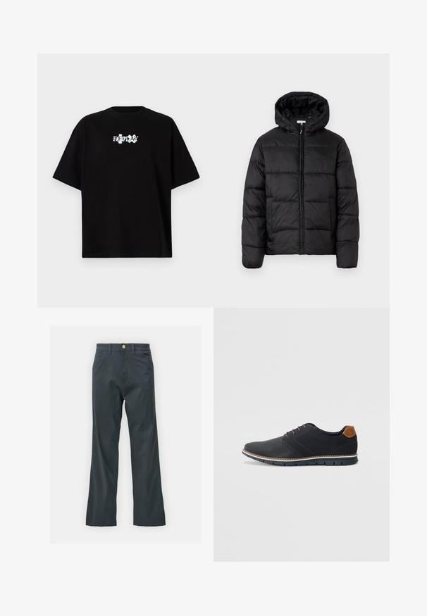 Sort pufferjakke med hætte, med vandrette quiltede paneler, lynlåslukning foran og en glat, skinnende tekstur.; Sort bomulds T-shirt med rund hals, korte ærmer og et hvidt trykt logo "REPLAY" på forsiden. Minimalistisk design og løs pasform.; Sorte bukser med lige ben, lavet af en bomuldsblandingsstof. Har en metalknaplukning og sidelommer. Ingen synlige mønstre.; Sorte syntetiske sko med en tekstureret overdel, glatte accenter, brun hæl og en kontrasterende sål. Har minimale snørebånd og syningsdetaljer.