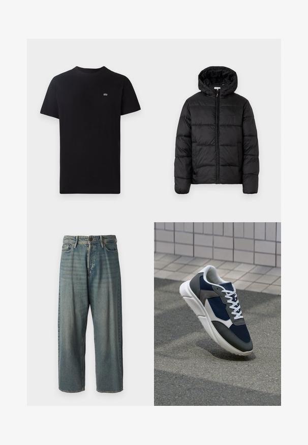 Black puffer jacket with a hood, featuring horizontal quilted panels, zip front closure, and a smooth, shiny texture.; Black cotton t-shirt with a classic crew neck, short sleeves, and a small white logo embroidered on the left chest.; Light blue denim jeans with a loose fit, mid-rise waist, and straight legs. Features five pockets, belt loops, and a button closure.; Sneaker featuring a navy blue mesh upper, gray suede accents, white rubber sole, and flat white laces, designed for comfort and breathability.