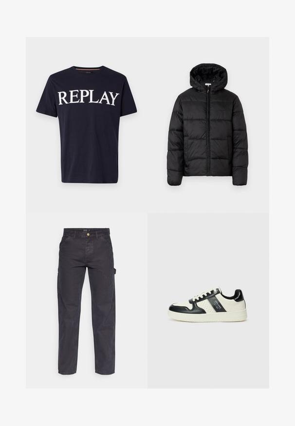 Chaqueta de plumas negra con capucha, que presenta paneles acolchados horizontales, cierre frontal con cremallera y una textura suave y brillante.; Replay Camiseta estampada - night blue; Pantalones cargo de color gris oscuro, confeccionados con un tejido duradero, que presentan un corte recto, cinco bolsillos y un cierre de botón en la cintura.; Zapatillas de cuero con un esquema de colores negro y crema, que cuentan con acentos perforados, un collar acolchado y una suela texturizada.