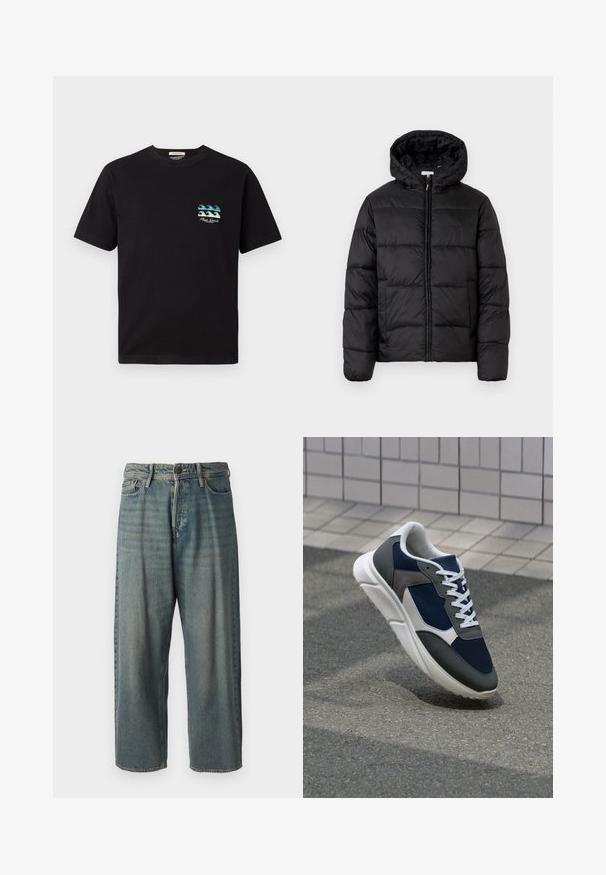 Juodas pūkinis švarkas su kapišonu, su horizontaliai siuvinėtais audinio ruožais, priekyje užsegamas užtrauktuku ir turintis lygią, blizgią tekstūrą.; Juodas medvilnės marškinėliai su trumpomis rankovėmis. Yra mažas mėlynos ir baltos spalvos bangos grafikas kairėje krūtinės pusėje. Apvalus iškirpimas, laisvas siluetas.; Šviesiai mėlyni džinsai su laisvu siluetu, vidutinio aukščio juosmeniu ir tiesiomis kojomis. Su penkiais kišenėmis, diržo kilpo ir mygtukų uždarymu.; Sportiniai bateliai su tamsiai mėlynu tinkliniu viršumi, pilkais zomšiniais akcentais, balta guma padanga ir plokščiomis baltomis raištelėmis, sukurti komfortui ir oro pralaidumui.