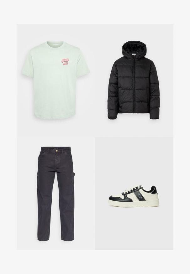 Fekete puffermellény kapucnival, vízszintes steppelésekkel, cipzáros elülső záródással és sima, fényes felülettel.; Világos zöld, rövid ujjú pamut póló kerek nyakkal, az elülső bal mellrészen rózsaszín "Üdvözlet Arizonából" grafikával.; Sötétszürke cargo nadrág tartós anyagból, egyenes szárú fazonnal, öt zsebbel és gombos derékzárral.; Fekete és krém színű bőrsneaker, perforált díszítésekkel, párnázott bokapánttal és texturált talppal.