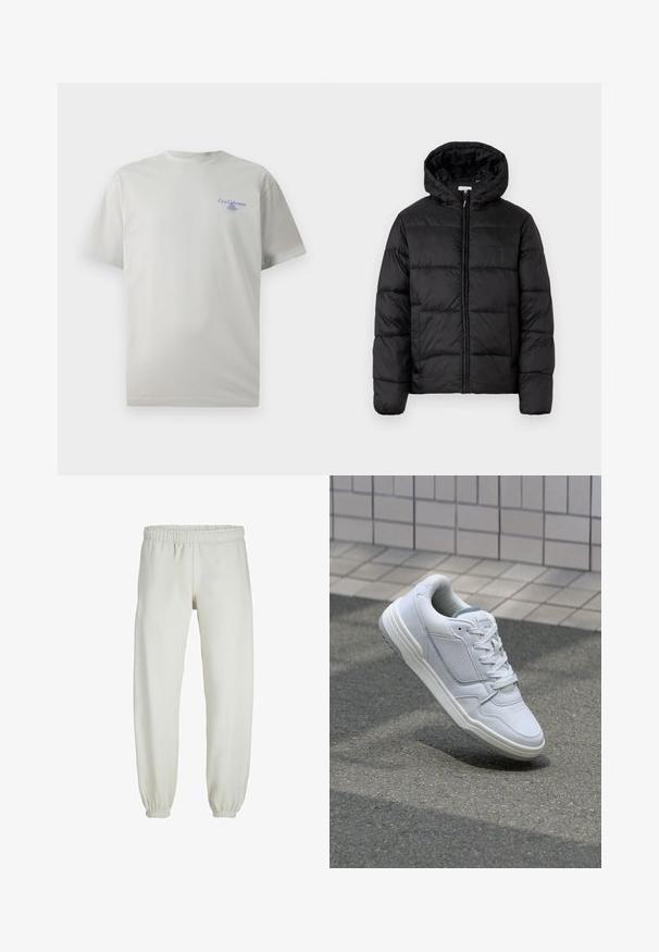 Čierna prešívaná bunda s kapucňou, s horizontálnymi prešívanými panelmi, so zipsom vpredu a hladkou, lesklou textúrou.; Svetlo šedé bavlnené tričko s krátkym rukávom, okrúhlym výstrihom a malým modrým logom na ľavej strane hrudníka. Hladká textúra.; Biele teplákové nohavice vyrobené z mäkkej textílie, s elastickým pásom a manžetami, s hladkým povrchom a voľným strihom.; Biele kožené tenisky s perforovanými stranami, textúrovanými akcentmi, plochými šnúrkami a kontrastnou sivou pätou. Majú mierne zvýšenú podrážku.