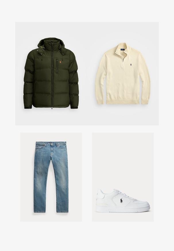 Chaqueta acolchada verde oscuro con capucha, cremallera frontal, bolsillo con cremallera en el pecho y pequeño logotipo bordado en naranja en el lado izquierdo del pecho.; Suéter crema con cremallera hecho de tejido de punto, con cuello y dobladillo acanalados, y un pequeño logo bordado en azul oscuro en el pecho.; Jeans de mezclilla azul claro con corte recto, cierre de botones, cinco bolsillos, un ligero desgastado y detalles de costura.; Zapatillas de cuero blancas con lados texturizados, punta redonda y perforaciones. Presentan un logo negro, cierre de cordones y una suela de goma gruesa.