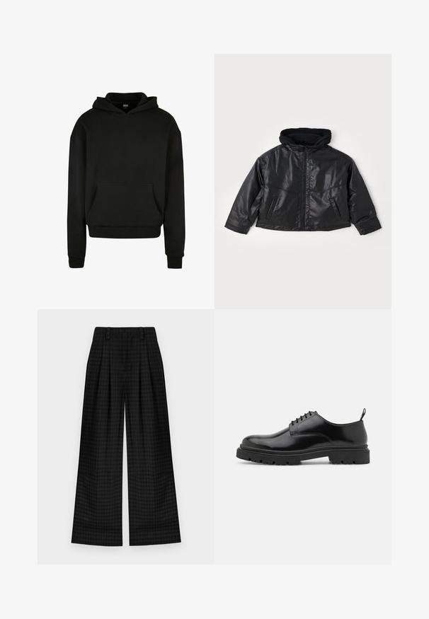 Čierna kožená bunda s priliehavou kapucňou, predným zipsom a dvoma bočnými vreckami. Má lesklú textúru a skrátený strih.; Čierna mikina s kapucňou vyrobená z mäkkého materiálu, so prednou kapsou, rebrovanými manžetami a uvoľneným strihom.; Čierne kárované nohavice s širokými nohavicami a skladmi, s hladkou textúrou a klasickým dizajnom. Ľahký materiál pre pohodlie.; Čierne kožené šnurovacie topánky s okrúhlym špičkou, hladkou textúrou a ryhovanou gumovou podrážkou. Obsahujú malý podpätok a úchytku na zadnej strane.