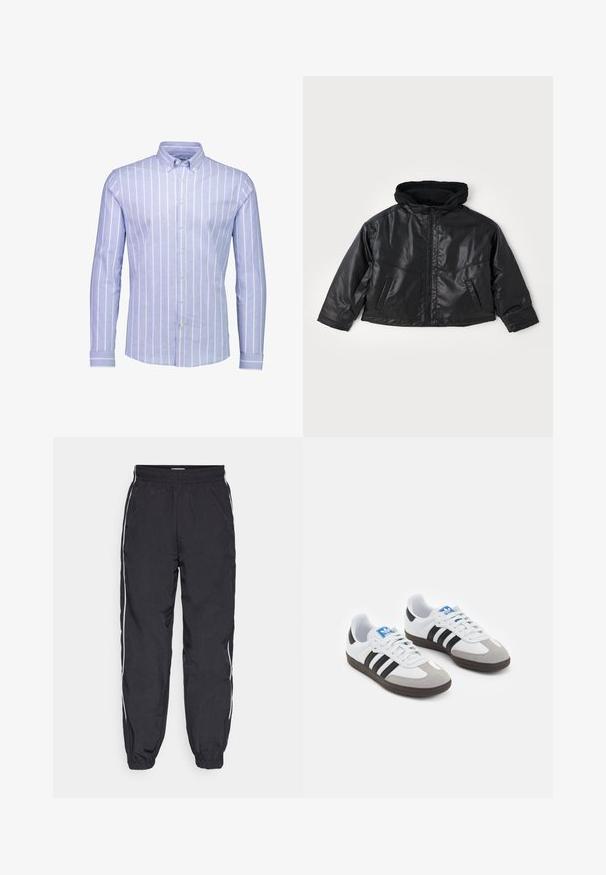 Zwarte leren jas met een strakke capuchon, rits aan de voorkant en twee zijzakken. Beschikt over een glanzende textuur en een cropped ontwerp.; Lichtblauwe langemouw overhemd met witte verticale strepen, met een button-down kraag en contrasterende gestreepte manchetten. Zachte stof textuur.; Zwarte trainingsbroek van lichtgewicht stof, met een elastische tailleband, taps toelopende pijpen en witte zijkanten.; Sportschoenen met een witte leren bovenkant, grijze suède neus en drie zwarte strepen. Bevat een blauw logo op de tong en een gestructureerde rubberen zool.
