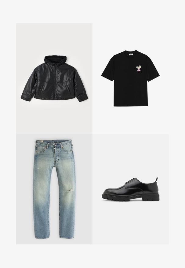Casaco de couro preto com capuz ajustado, fecho de correr frontal e dois bolsos laterais. Apresenta uma textura brilhante e um design curto.; T-shirt preta de algodão com um gráfico colorido no lado esquerdo do peito, retratando um urso de peluche e texto estilizado, com mangas curtas e gola redonda.; Jeans de denim azul claro com pernas retas, cinco bolsos, fecho de botão e pequenos rasgos desgastados na coxa esquerda e no joelho direito.; Sapatos de pele preta com atacadores, bico arredondado, textura suave e sola de borracha estriada. Apresentam um pequeno salto e uma alça na parte de tras.