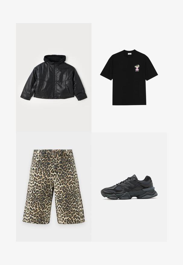 Black leather jacket with a fitted hood, front zipper, and two side pockets. Features a glossy texture and cropped design.; Black cotton t-shirt featuring a colorful graphic on the left chest, depicting a teddy bear and stylized text, with short sleeves and a crew neck.; Leopard print denim shorts featuring a light brown, black, and beige pattern, with five pockets and a straight cut.; Black running shoe featuring a mix of mesh and synthetic materials, chunky sole, curved design, and prominent branding on the side.