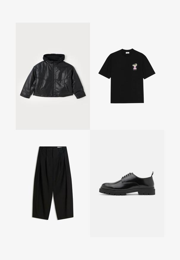 Črna usnjena jakna s prilegajočo kapuco, sprednjim zipperjem in dvema stranskima žepoma. Ima sijočo teksturo in skrajšan dizajn.; Črna bombažna majica s kratkimi rokavi in krožnim izrezom, ki ima na levi strani prsnega dela pisano grafiko, ki prikazuje medvedka in stilizirano besedilo.; Črne hlače z visokim pasom, širokimi in skraćenimi nogami, ki imajo spredaj gube za dodatno teksturo in strukturo.; Črne usnjene čevlje za vezanje z zaobljenim nosom, gladko teksturo in rebrastim gumijastim podplatom. Imajo majhno peto in zanka na zadnji strani.