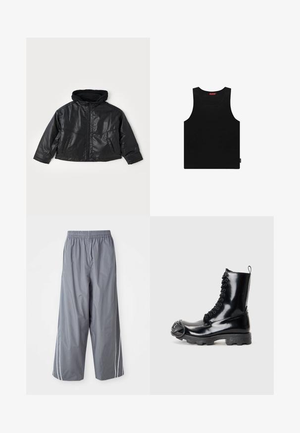 Juodas odinis švarkas su prigludusia kapuce, priekiniais užtrauktukais ir dviem šoninėmis kišenėmis. Savybė yra blizgus paviršius ir trumpas dizainas.; Juodas marškinėlių topas, pagamintas iš lygaus audinio, su apvaliu kaklu ir plačiomis rankovėmis. Šone yra etiketė.; Pilkos, lengvos sintetinio audinio kelnės su plačiomis kojomis, elastiniu juosmeniu ir baltais šonais. Sklandus audinys, atsitiktinis dizainas.; Juodas lakinės odos karių botas su blizgiu paviršiumi, raištelių uždarymu, storu guminiu padu ir išskirtiniu priekinio apdailos elementu.