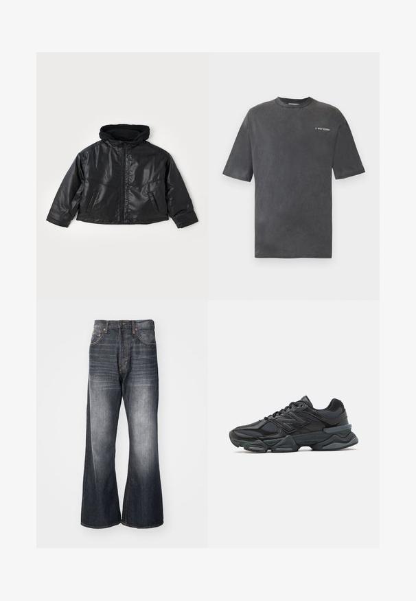 Musta nahkatakki, jossa on istuva huppu, edessä vetoketju ja kaksi sivutaskua. Ominaisuuksiin kuuluu kiiltävä pinta ja lyhyt muotoilu.; Mustat lyhythihainen t-paita, valmistettu pehmeästä kankaasta, jossa on pyöreä pääntie ja teksti "// NOT SORRY" valkoisena vasemmassa rinta-alueessa.; Weekday TIME LOOSE BOOTCUT - Straight leg -farkut - ash black; Musta juoksukenkä, jossa on yhdistelmä verkko- ja synteettisiä materiaaleja, paksu pohja, kaareva muotoilu ja näkyvä brändäys sivussa.