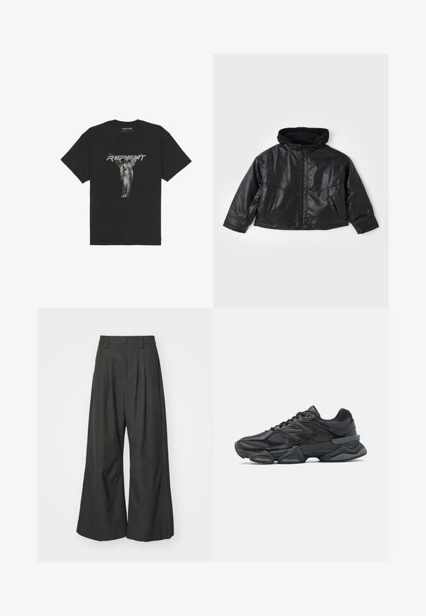 Melna ādas jaka ar pieguļošu kapuci, priekšējo rāvējslēdzēju un divām sānu kabatām. Iespējas ar spīdīgu tekstūru un apgrieztu dizainu.; Melnas kokvilnas T-krekls ar īsām piedurknēm, kurā ir priekšējā grafika ar statuju un vārds "NOŽĒLO" treknā pelēkā fontā.; Jaded London GOLIATH TROUSER UNISEX - Auduma bikses - grey; Melna skriešanas apavi ar jauktu acu audumu un sintētiskiem materiāliem, masīvu zoli, izliekta dizaina elementiem un izteiktu zīmola logotipu uz sāniem.