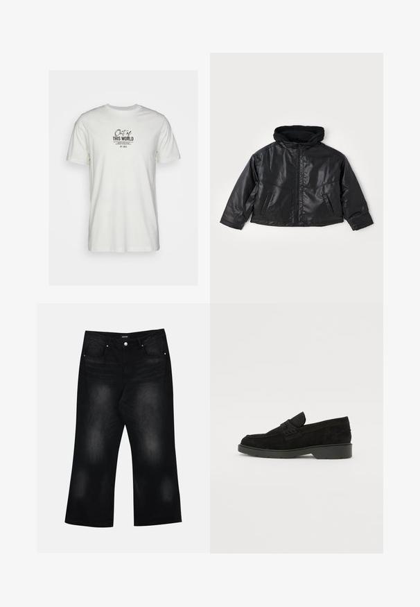 Schwarze Lederjacke mit passender Kapuze, Frontreißverschluss und zwei Seitentaschen. Hat eine glänzende Textur und einen cropped Schnitt.; Weißes Baumwoll-T-Shirt mit einem schwarzen Grafikdruck und Text. Kurzärmlig und mit Rundhalsausschnitt, schlichtes Design ohne zusätzliche Verzierungen.; Schwarze weite Jeans aus Denim, ausgestattet mit zwei Fronttaschen, dezentem Verblassen und einem Knopfverschluss in der Taille.; Schwarze Wildleder-Slipper mit niedrigem Absatz, ausgestattet mit einem einfachen Band über dem Obermaterial und texturierten Details an den Seiten.