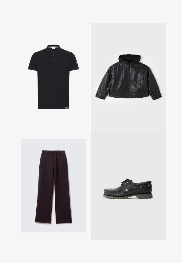 Svart skinnjakke med en tettsittende hette, glidelås foran og to sidelommer. Har en blank tekstur og en kort design.; Svart polo skjorte i en ensfarget design, med klassisk krage, tre brune knappelukkinger, og en teksturert lapp med logo på ermet.; Mørke lilla joggebukser med elastisk midjebånd, snor, sidelommer og subtile broderte detaljer langs de ytre bena.; Svart teksturert snøresko med rund tå, metallhull og en ruglet grå gummisåle. Har et vevd mønster på overdelen.