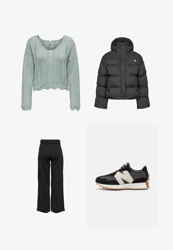 Fekete puffermellény cropped fazonban, magas gallérral és bordázott mandzsettákkal. Bal oldalon kis logó található. Sima textúra.; Világoszöld, kötött anyagból készült, cropped pulóver, V-nyakkal, hosszú ujjaival és hullámos szegéllyel. Kézzel készített mintázattal rendelkezik az egész felületen.; Fekete, bővülő szárú nadrág, elasztikus derékkal, sima anyagból készült. Tiszta dizájn jellemzi, zsebek és látható varrási részletek nélkül.; Fekete és szürke velúr sportcipő nagy krémszínű "N" logóval, lila fűzőkkel és texturált gumi talppal.