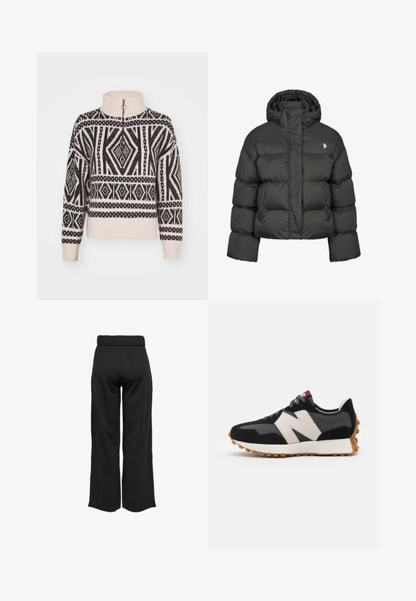 Schwarze Pufferjacke mit cropped Design, hochgeschlossenem Kragen und gerippten Bündchen. Mit kleinem Logo auf der linken Seite. Glatte Textur.; Knitpullover in Creme mit schwarzem geometrischem Muster, ausgestattet mit einem hohen Kragen und einem Viertelreißverschluss. Rippbündchen und Saum.; Schwarze, weit geschnittene Hose mit elastischem Bund, aus glattem Stoff gefertigt. Hat ein cleanes Design ohne Taschen oder sichtbare Nähte.; Schwarze und graue Wildledersneaker mit einem großen cremefarbenen "N"-Logo, lila Schnürsenkeln und einer strukturierten Gummisohle.
