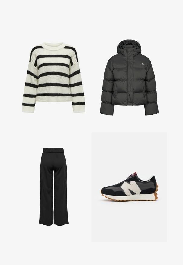 Zwarte pufferjack met een cropped ontwerp, voorzien van een hoge kraag en ribgebreide manchetten. Inclusief een klein logo aan de linkerkant. Gladde textuur.; Gebreide trui met een ronde hals, voorzien van afwisselend zwarte en crèmekleurige horizontale strepen. Textuurstof met lange mouwen en een cropped fit.; Zwarte, wijde broek met een elastische tailleband, gemaakt van gladde stof. Heeft een strakke uitstraling zonder zakken of zichtbare stikseldetails.; Zwarte en grijze suède sneaker met een groot crèmekleurig "N"-logo, paarse veters en een gestructureerde rubberen zool van gum.