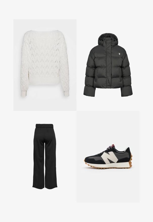 Schwarze Pufferjacke mit cropped Design, hochgeschlossenem Kragen und gerippten Bündchen. Mit kleinem Logo auf der linken Seite. Glatte Textur.; Off-White gestrickter Pullover mit Rautenmuster, mit Rippenbündchen und Saum, lockerem Schnitt und weitem Ausschnitt.; Schwarze, weit geschnittene Hose mit elastischem Bund, aus glattem Stoff gefertigt. Hat ein cleanes Design ohne Taschen oder sichtbare Nähte.; Schwarze und graue Wildledersneaker mit einem großen cremefarbenen "N"-Logo, lila Schnürsenkeln und einer strukturierten Gummisohle.