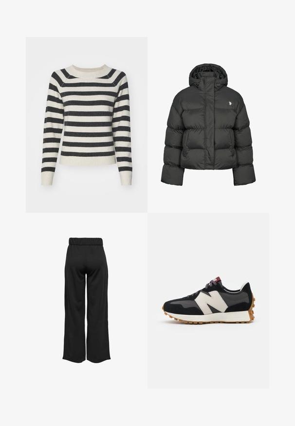 Zwarte pufferjack met een cropped ontwerp, voorzien van een hoge kraag en ribgebreide manchetten. Inclusief een klein logo aan de linkerkant. Gladde textuur.; Gestreepte trui met zwart en roomkleurige horizontale strepen, ribgebreide manchetten en zoom, ronde halslijn en zachte textuur. Midsleeves.; Zwarte, wijde broek met een elastische tailleband, gemaakt van gladde stof. Heeft een strakke uitstraling zonder zakken of zichtbare stikseldetails.; Zwarte en grijze suède sneaker met een groot crèmekleurig "N"-logo, paarse veters en een gestructureerde rubberen zool van gum.