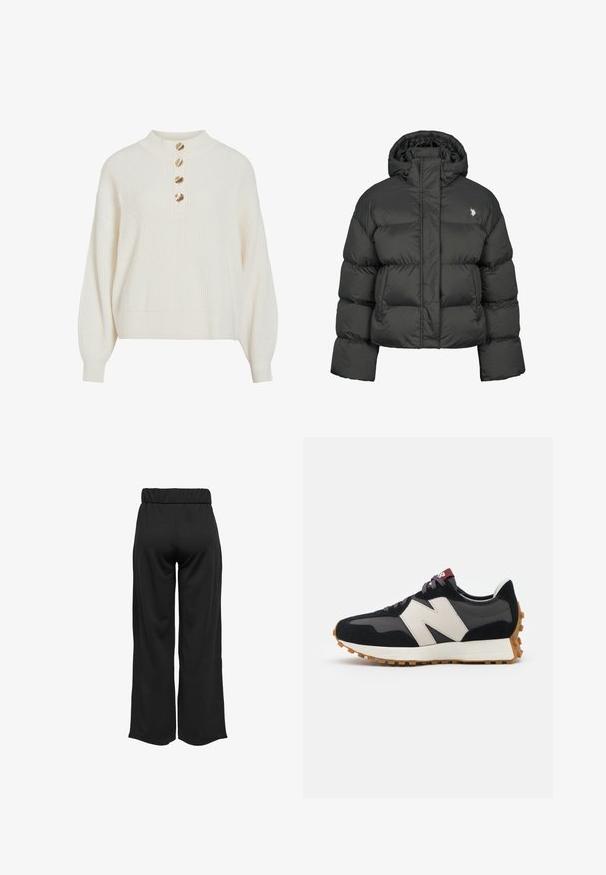 Schwarze Pufferjacke mit cropped Design, hochgeschlossenem Kragen und gerippten Bündchen. Mit kleinem Logo auf der linken Seite. Glatte Textur.; Cremfarbener, gerippter Strickpullover mit Ballonärmeln und vier goldenen, muschelförmigen Knöpfen auf der hohen Kragenleiste.; Schwarze, weit geschnittene Hose mit elastischem Bund, aus glattem Stoff gefertigt. Hat ein cleanes Design ohne Taschen oder sichtbare Nähte.; Schwarze und graue Wildledersneaker mit einem großen cremefarbenen "N"-Logo, lila Schnürsenkeln und einer strukturierten Gummisohle.