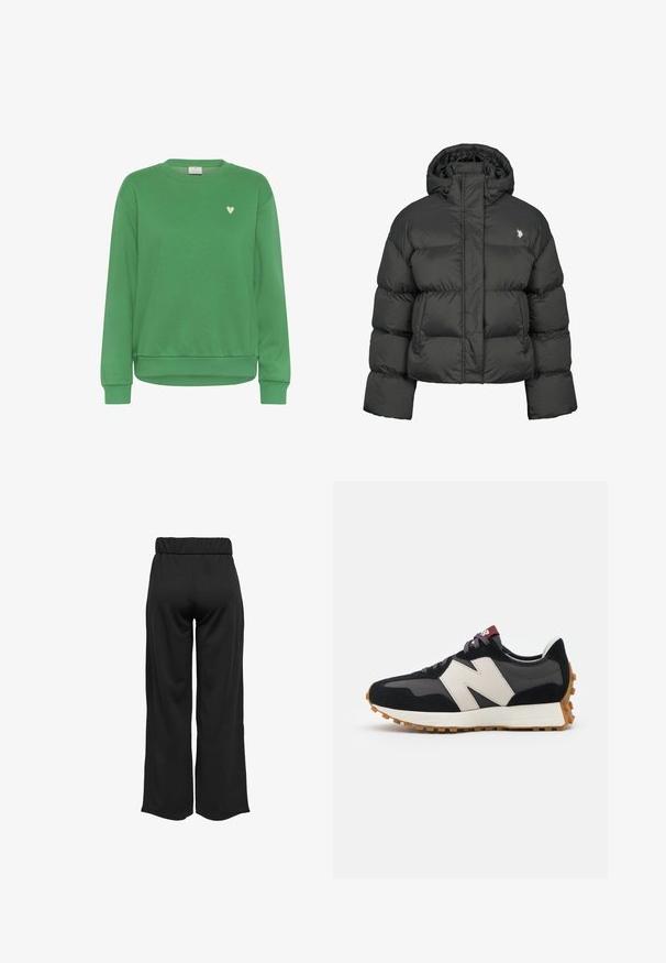 Must mustaga oli, millel on lühike disain, kõrge krae ja ribatud mansetid. Vasakul küljel on väike logo. Sile tekstuur.; Roheline puuvillane sweatshirt, millel on ümmargune kaelus, pikad varrukad, soonikkoes mansetid ja väike valge südameaktsent rinnal.; Mustad, laiad püksid elastse vöökohtaga, valmistatud siledast kangast. Omab lihtsat disaini, ilma taskute või nähtavate õmbluste detailideta.; Mustmust ja halli nubukist tennisajal on suur kreemjas "N" logo, lilla paelad ja tekstureeritud kummist välispohja.