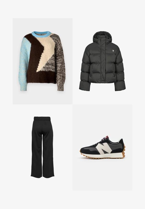 Czarna kurtka puchowa o kroju crops, z wysokim kołnierzem i ściągaczami. Zawiera małe logo po lewej stronie. Gładka tekstura.; Sweter dzianinowy z wzorem w kolorze blokowym w odcieniach kremu, brązu, jasnoniebieskiego i szarości, o różnych fakturach i okrągłym dekolcie.; Czarne, szerokie spodnie z elastycznym pasem, wykonane z gładkiego materiału. Charakteryzują się prostym wzornictwem, bez kieszeni i widocznych szwów.; Czarno-szare zamszowe sneakersy z dużym kremowym logo "N", purpurowymi sznurówkami i teksturowaną gumową podeszwą.