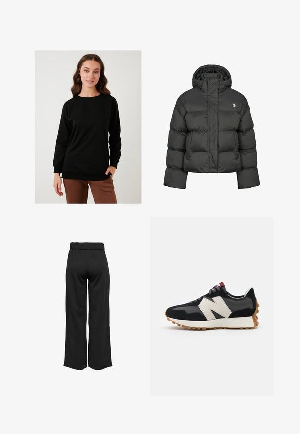 Černá péřová bunda s kratším střihem, vysokým límcem a žebrovanými manžetami. Obsahuje malé logo na levé straně. Hladká textura.; LELA Mikina - black; Černé široké kalhoty s elastickým pasem, vyrobené z hladkého materiálu. Disponují čistým designem bez kapes nebo viditelných švů.; Černé a šedé semišové tenisky s velkým krémovým logem "N", fialovými tkaničkami a strukturovanou gumovou podrážkou.