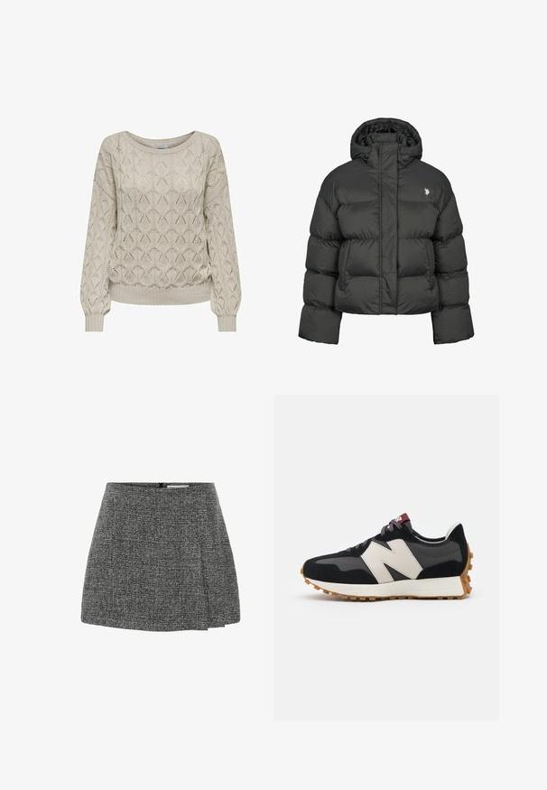 Schwarze Pufferjacke mit cropped Design, hochgeschlossenem Kragen und gerippten Bündchen. Mit kleinem Logo auf der linken Seite. Glatte Textur.; Hellbeige gestrickter Pullover mit geometrischem Muster, gerippten Bündchen und weitem Ausschnitt, der einen strukturierten Look und einen lockeren Schnitt bietet.; Grauer, plissierter Rock aus strukturiertem Stoff mit einem dezenten Muster. Verfügt über einen Reißverschluss auf der Rückseite und ein tailliertes Design.; Schwarze und graue Wildledersneaker mit einem großen cremefarbenen "N"-Logo, lila Schnürsenkeln und einer strukturierten Gummisohle.