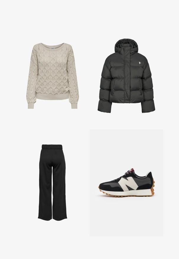 Schwarze Pufferjacke mit cropped Design, hochgeschlossenem Kragen und gerippten Bündchen. Mit kleinem Logo auf der linken Seite. Glatte Textur.; Hellbeige gestrickter Pullover mit geometrischem Muster, gerippten Bündchen und weitem Ausschnitt, der einen strukturierten Look und einen lockeren Schnitt bietet.; Schwarze, weit geschnittene Hose mit elastischem Bund, aus glattem Stoff gefertigt. Hat ein cleanes Design ohne Taschen oder sichtbare Nähte.; Schwarze und graue Wildledersneaker mit einem großen cremefarbenen "N"-Logo, lila Schnürsenkeln und einer strukturierten Gummisohle.