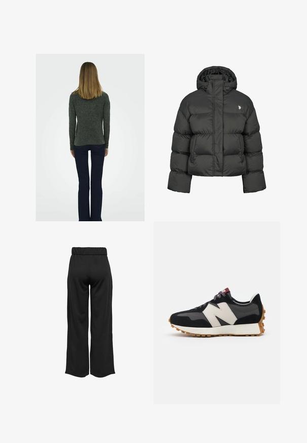 Črna puhafka s skrajšanim dizajnom, ki ima visok ovratnik in rebraste manšete. Vsebuje majhen logo na levi strani. Gladka tekstura.; Temno siva, teksturirana pulover s dolgimi rokavi, v kombinaciji s temno modrimi širokimi kavbojkami in črnimi čevlji na blok petah, prikazan zadaj.; Črne hlače širokega kroja z elastičnim pasom, izdelane iz gladkega materiala. Imajo preprost dizajn brez žepov ali vidnih šivov.; Črne in sive semiš športne copate z velikim kremnim logotipom "N", vijoličastimi vezalkami in teksturiranim gumijastim podplatom.