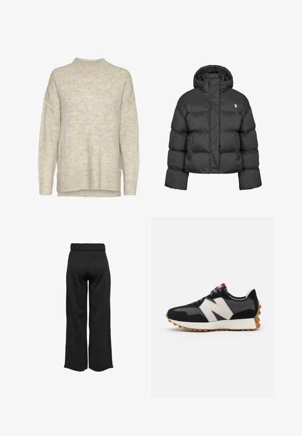 Melnā pūkainā jaka ar īsu dizainu, ar augstu apkakli un ribotām piedurknēm. Iekļauts mazs logo kreisajā pusē. Gluda tekstūra.; Gaiši beļģu adīta džemperis ar augstu apkakli, nolaižamām plecu šuvēm, ribotām aprocēm un apakšmalu. Audums izceļas ar mīkstu, teksturētu apdari.; Melnas, platas bikses ar elastīgu jostu, izgatavotas no gludas auduma. Iespējamā tīra dizaina ar bez kabatām un redzamām šuvēm.; Melnas un pelēkas zamšādas sporta kurpes ar lielu krēmkrāsas "N" logotipu, purpura šņorēm un strukturētu gumijas zoli.