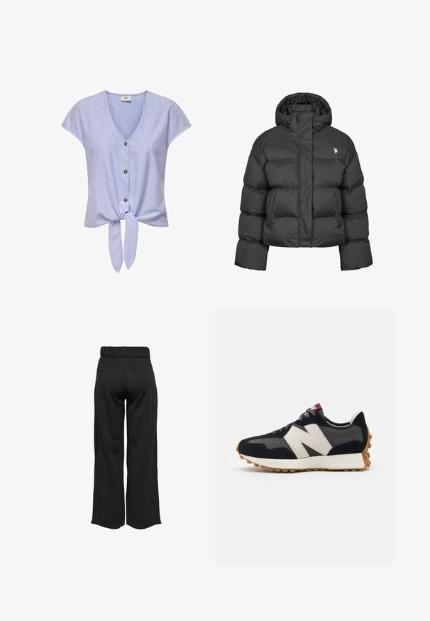 Juodas pūkinis švarkas su trumpu dizainu, turintis aukštą apykaklę ir sutrauktus rankogalvius. Kairėje pusėje esantis mažas logotipas. Lygus paviršius.; Mėlynos ir baltos dryžuotos trumpomis rankovėmis bluzonė, turinti V formos iškirpę, sagų priekį ir suvarstytą apačią, pagaminta iš lengvos medžiagos.; Juodos, plačios kelnės su elastinga juosta, pagamintos iš lygaus audinio. Pasižymi švariu dizainu, be kišenių ar matomų siūlių detalių.; Juoda ir pilka zomšinė sportinė avalynė su dideliu kreminiu "N" logotipu, violetinėmis raištelėmis ir tekstūruota gumos padu.