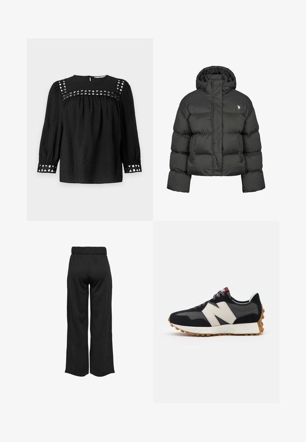 Juodas pūkinis švarkas su trumpu dizainu, turintis aukštą apykaklę ir sutrauktus rankogalvius. Kairėje pusėje esantis mažas logotipas. Lygus paviršius.; Juoda bluzonė su apvaliu iškirpimu, pūstomis rankovėmis ir dekoratyviniais išpjovimais ant pečių ir rankogalių. Tekstūruota medžiaga.; Juodos, plačios kelnės su elastinga juosta, pagamintos iš lygaus audinio. Pasižymi švariu dizainu, be kišenių ar matomų siūlių detalių.; Juoda ir pilka zomšinė sportinė avalynė su dideliu kreminiu "N" logotipu, violetinėmis raištelėmis ir tekstūruota gumos padu.