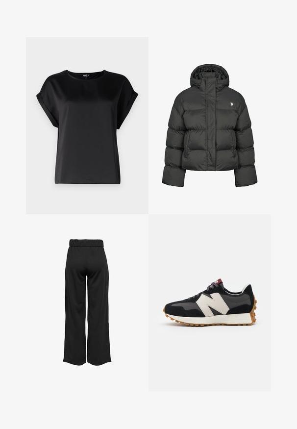 Črna puhafka s skrajšanim dizajnom, ki ima visok ovratnik in rebraste manšete. Vsebuje majhen logo na levi strani. Gladka tekstura.; Črno kratkol sleeved majica iz gladkega materiala s krožnim izrezom in zavitimi rokavi. Preprost dizajn brez vzorcev ali dodatkov.; Črne hlače širokega kroja z elastičnim pasom, izdelane iz gladkega materiala. Imajo preprost dizajn brez žepov ali vidnih šivov.; Črne in sive semiš športne copate z velikim kremnim logotipom "N", vijoličastimi vezalkami in teksturiranim gumijastim podplatom.