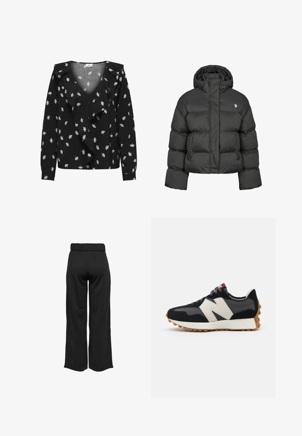 Čierna prešívaná bunda so skráteným strihom, vybavená vysokým golierom a rebrovanými manžetami. Obsahuje malé logo na ľavej strane. Hladká textura.; Čierna blúzka s výstrihom do V, zdobená bielymi vzormi listov a volánovým predným dielom. Dlhé rukávy a manžety. Vyrobená z mäkkej látky.; Čierne široké nohavice s elastickým pásom, vyrobené z hladkej tkaniny. Majú jednoduchý dizajn, bez vreciek alebo viditeľných švíkov.; Čierne a sivé semišové tenisky s veľkým krémovým logom "N", fialovými šnúrkami a textúrovanou gumovou podrážkou.
