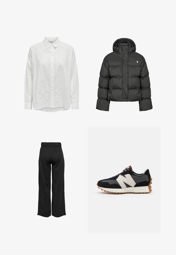 Zwarte pufferjack met een cropped ontwerp, voorzien van een hoge kraag en ribgebreide manchetten. Inclusief een klein logo aan de linkerkant. Gladde textuur.; Witte geknoopte blouse met een ontspannen pasvorm, lange mouwen en verticale paillettenpatroonaccenten door de stof.; Zwarte, wijde broek met een elastische tailleband, gemaakt van gladde stof. Heeft een strakke uitstraling zonder zakken of zichtbare stikseldetails.; Zwarte en grijze suède sneaker met een groot crèmekleurig "N"-logo, paarse veters en een gestructureerde rubberen zool van gum.