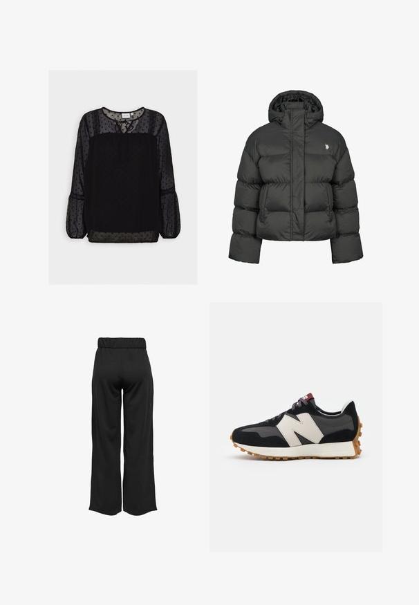 Czarna kurtka puchowa o kroju crops, z wysokim kołnierzem i ściągaczami. Zawiera małe logo po lewej stronie. Gładka tekstura.; Czarna bluzka w grochy z przezroczystej tkaniny, z fakturowanymi akcentami, okrągłym dekoltem, detalem w postaci wiązania oraz długimi puff sleeve. Koronkowe wykończenie na ramionach.; Czarne, szerokie spodnie z elastycznym pasem, wykonane z gładkiego materiału. Charakteryzują się prostym wzornictwem, bez kieszeni i widocznych szwów.; Czarno-szare zamszowe sneakersy z dużym kremowym logo "N", purpurowymi sznurówkami i teksturowaną gumową podeszwą.