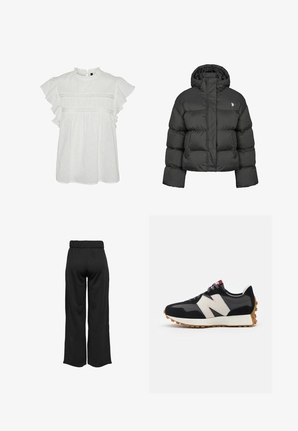 Giacca a vento nera con design accorciato, dotata di colletto alto e polsini a coste. Include un piccolo logo sul lato sinistro. Texture liscia.; Blusa bianca con maniche corte a volant, caratterizzata da un colletto rotondo e un prezioso bordo in pizzo sul petto. Texture a pois in tutto il capo.; Pantaloni neri a gamba larga con cintura elastica, realizzati in tessuto liscio. Presentano un design pulito senza tasche o dettagli di cucitura visibili.; Sneaker in suede nero e grigio con un grande logo "N" color crema, lacci viola e una suola esterna in gomma gommosa texturizzata.