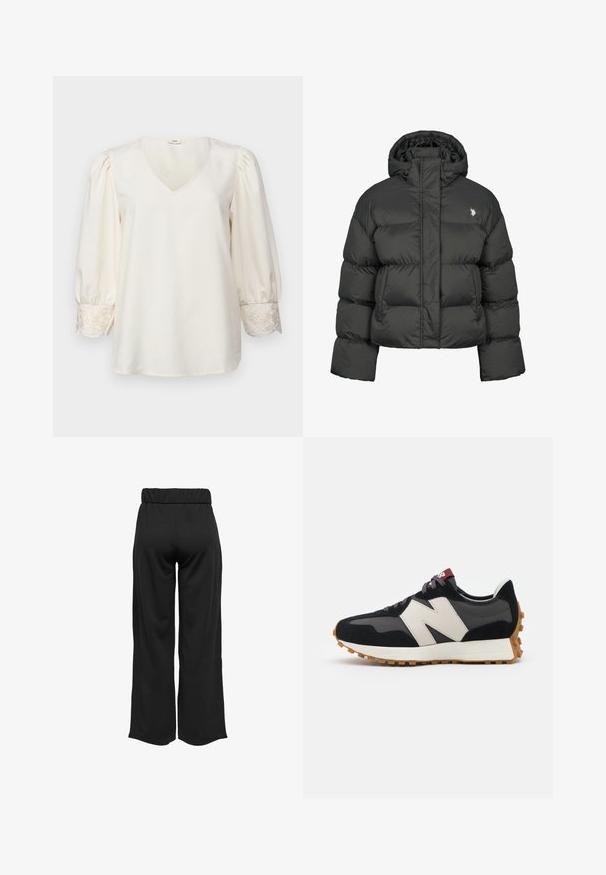 Svart pufferjacka med kort design, featuring hög krage och ribbade ärmslut. Inkluderar en liten logotyp på vänster sida. Slät textur.; Krämsfärgad blus med V-ringning, puffiga långärmar och broderade detaljer vid ärmsluten. Slät tyg med lös passform.; Svarta, vida byxor med elastisk midja, tillverkade av en mjuk tyg. Har en ren design utan fickor eller synliga sömdetaljer.; Svart och grå mocka sneaker med en stor krämfärgad "N"-logotyp, lila snören och en texturerad gummisula.