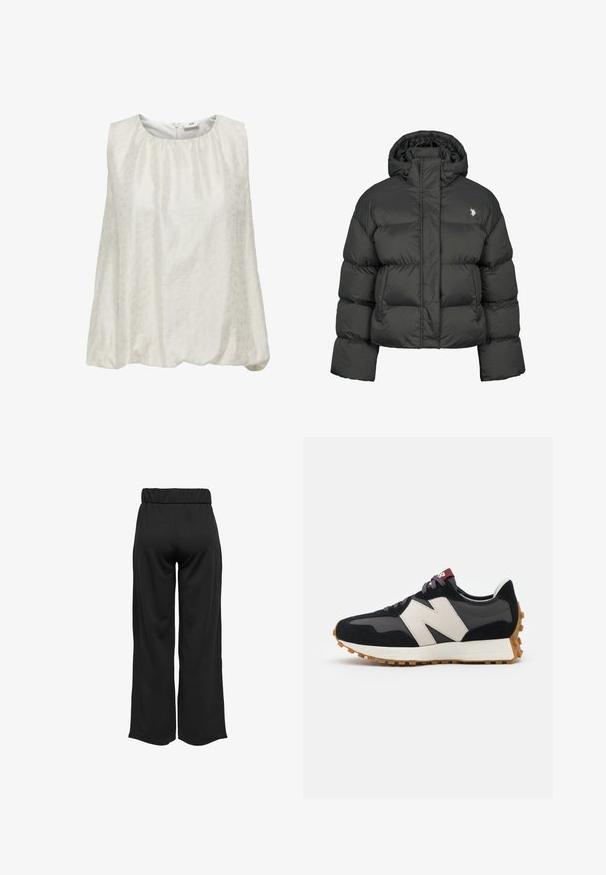 Black puffer jacket with a cropped design, featuring a high collar and ribbed cuffs. Includes a small logo on the left side. Smooth texture.; Sleeveless white top with a subtle textured pattern, featuring a rounded neckline and a gathered waist for a relaxed fit.; Black, wide-leg pants with an elastic waistband, made from smooth fabric. Features a clean design with no pockets or visible stitching details.; Black and gray suede sneaker with a large cream-colored "N" logo, purple laces, and a textured gum rubber outsole.